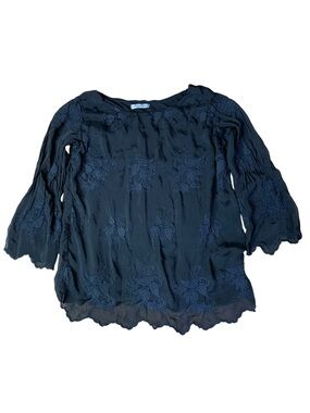 Elena Baldi Silk Blend Embroidered Bell Sleeve Top Black Medium